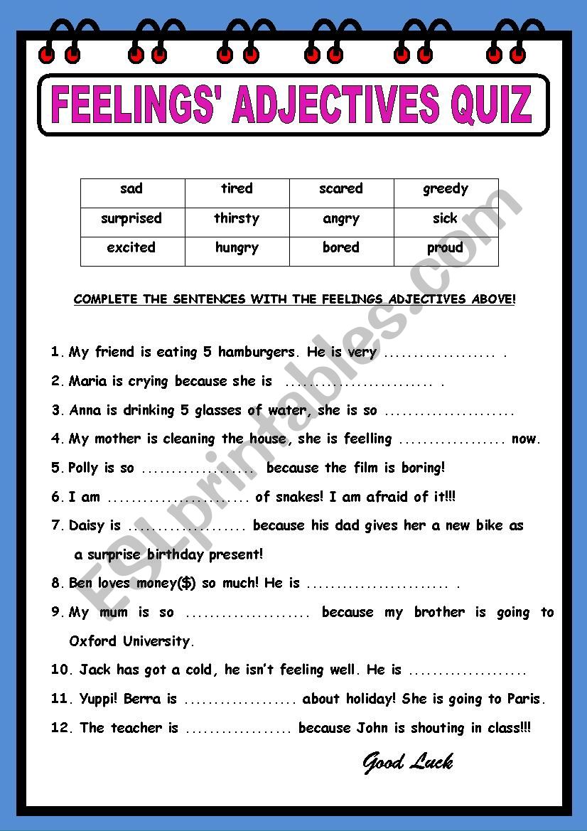 FEELINGSÂ´ ADJECTIVES QUIZ worksheet