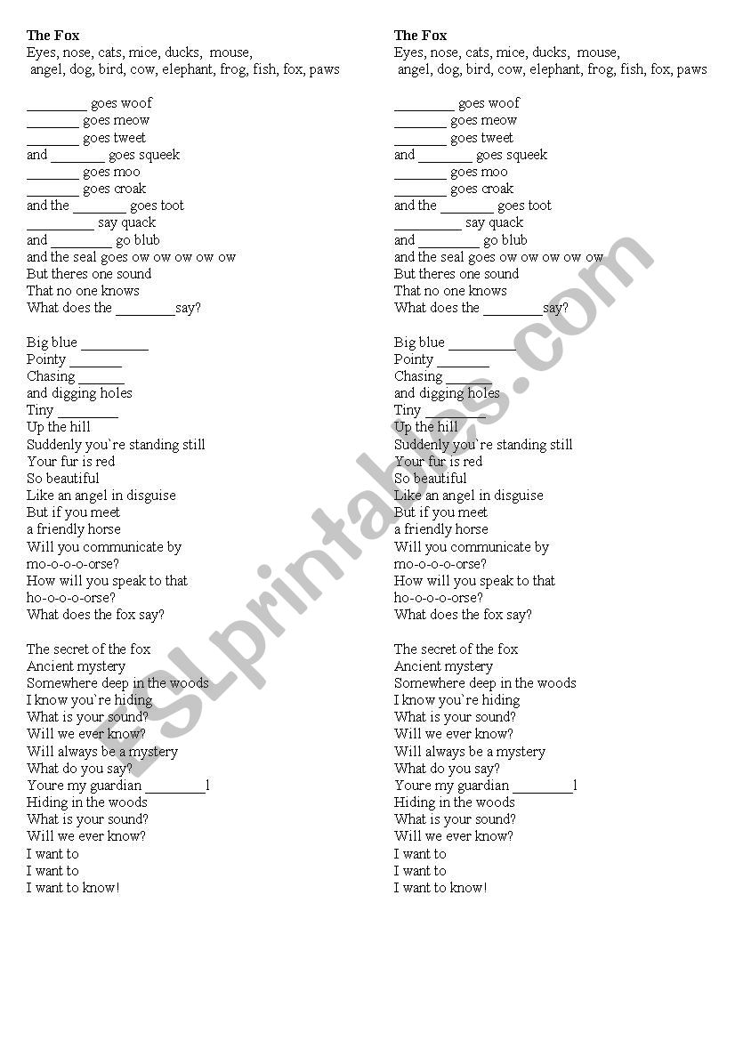 Worksheet to the song  Ylvis 