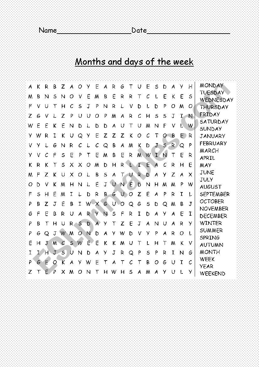 Months and days of the week Wordsearch