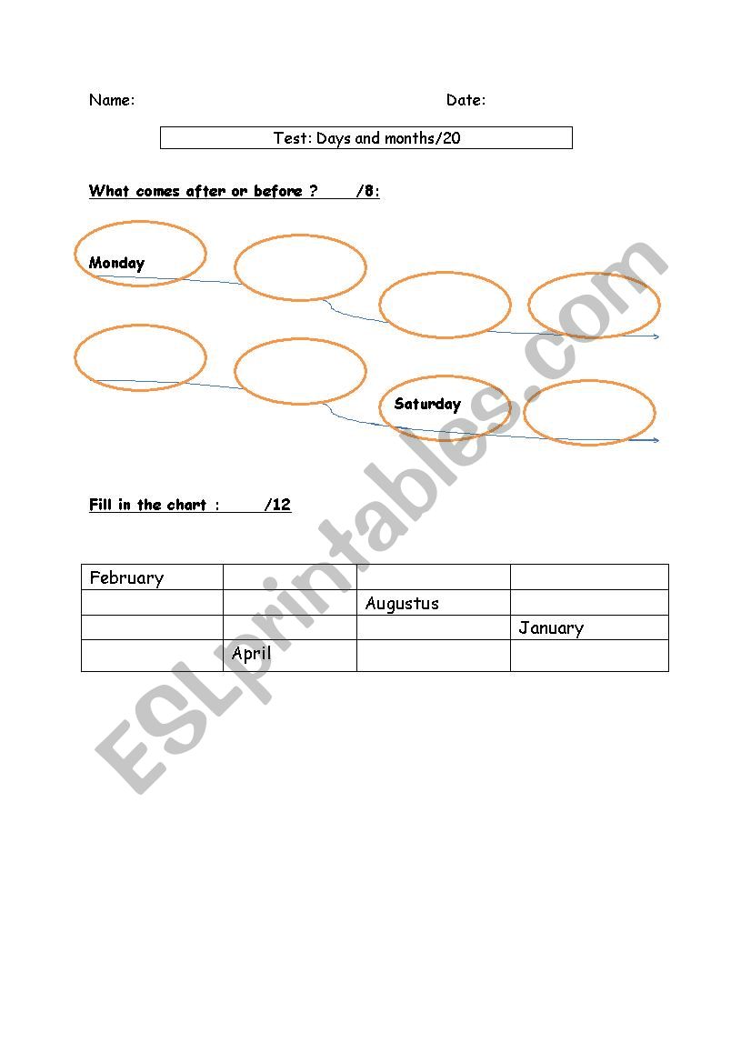 Days and months test  worksheet