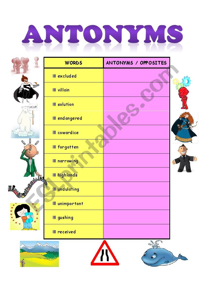 Antonyms Or Opposites (B/W & Answer key Included)
