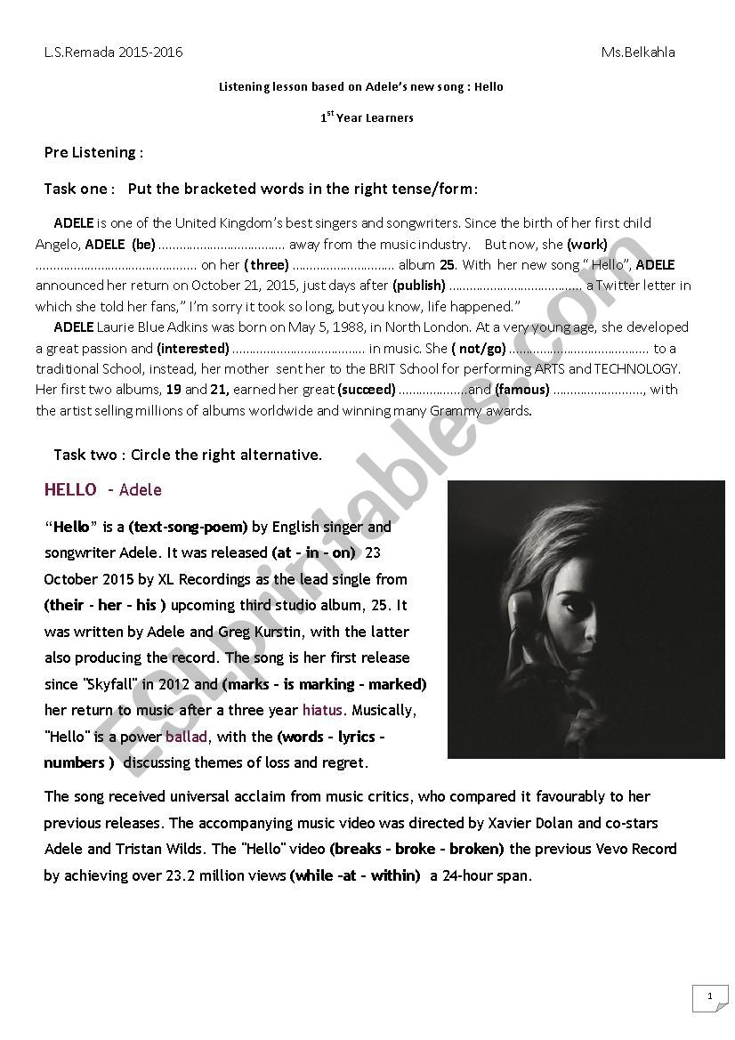 Listening Lesson Based on AdeleÂ´s new son Hello - ESL worksheet by Lilith2