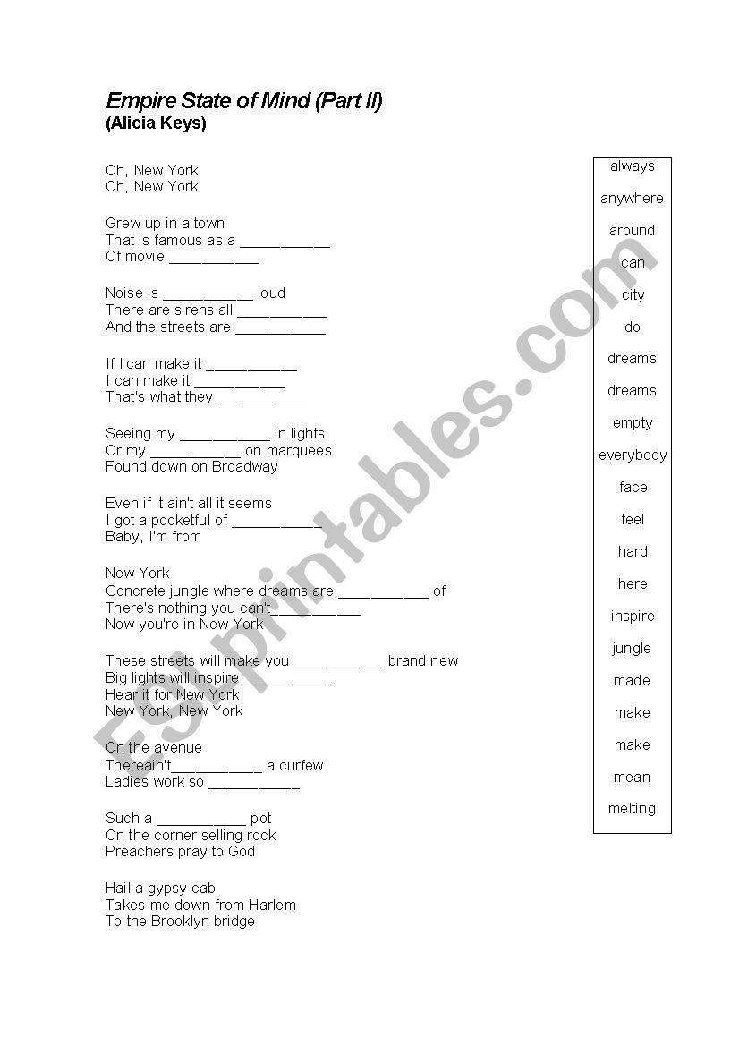 Song - Empire State of Mind  worksheet