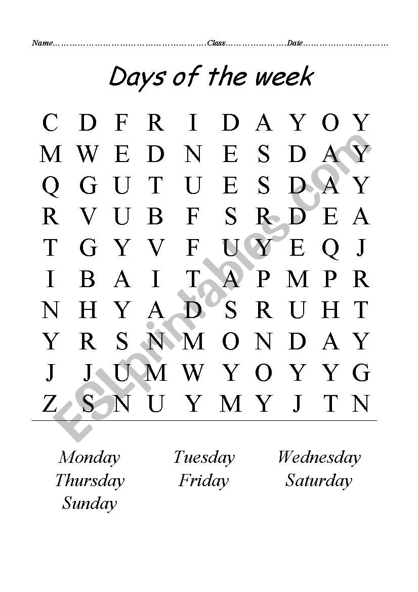 Days of the week worksheet