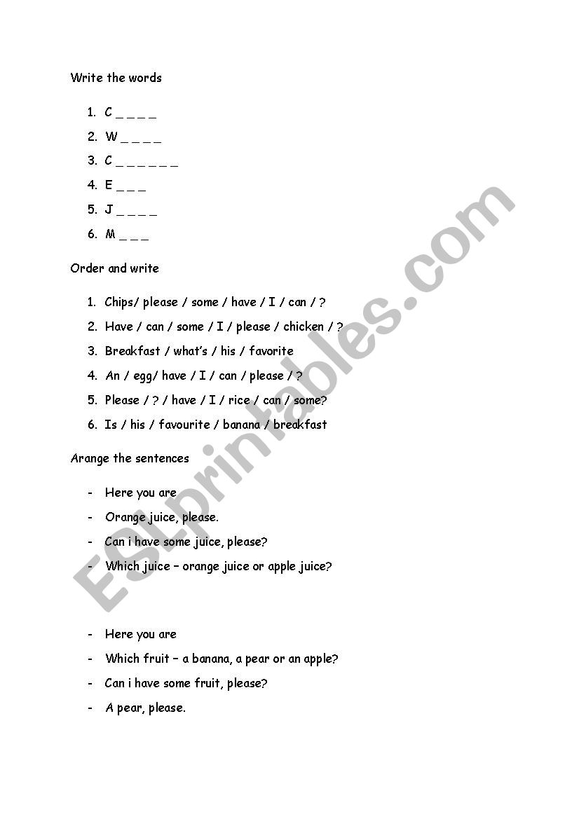 Food worksheet worksheet