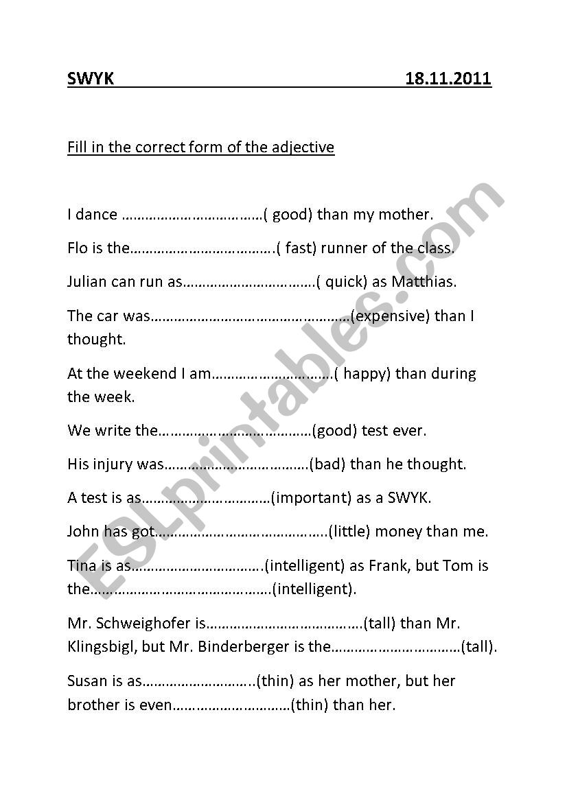 Comparison of Adjectives worksheet