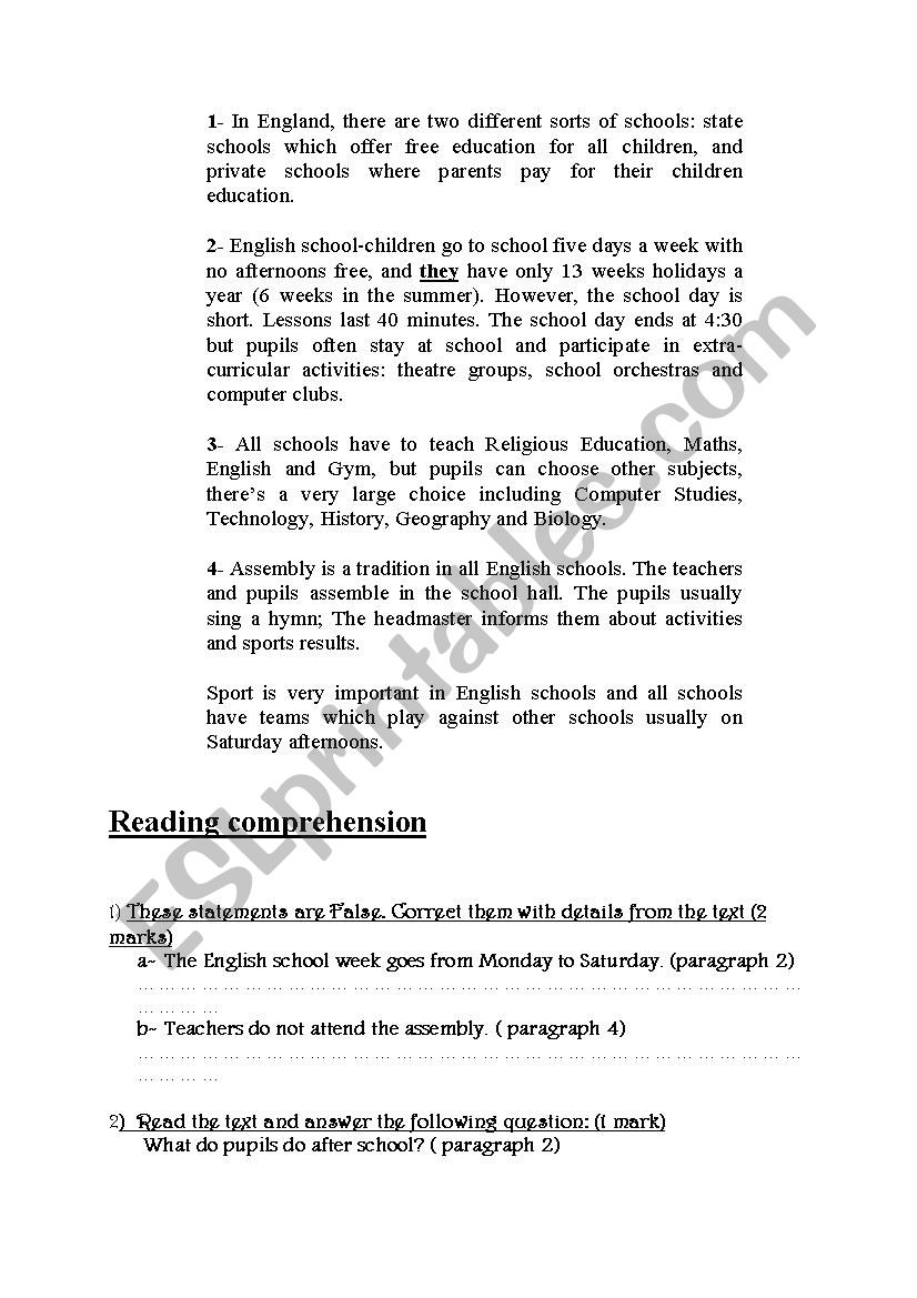 English educational system worksheet