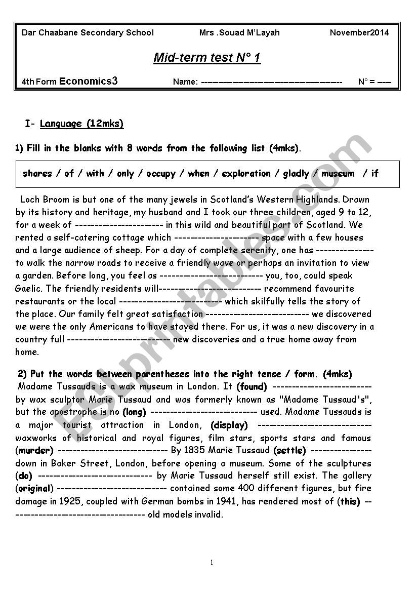 mid-term test n1 4th form worksheet