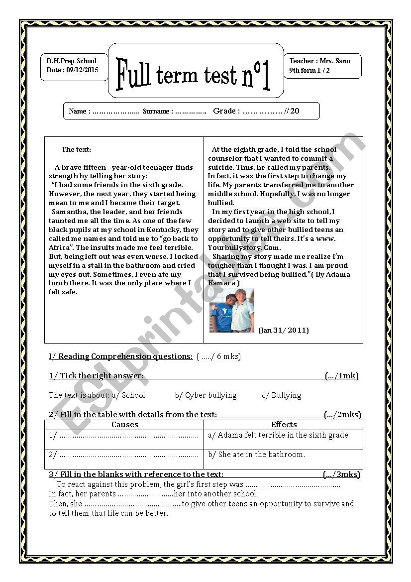 Full term test n°1 (9th form) worksheet Full term test n°1 (9th form) worksheet