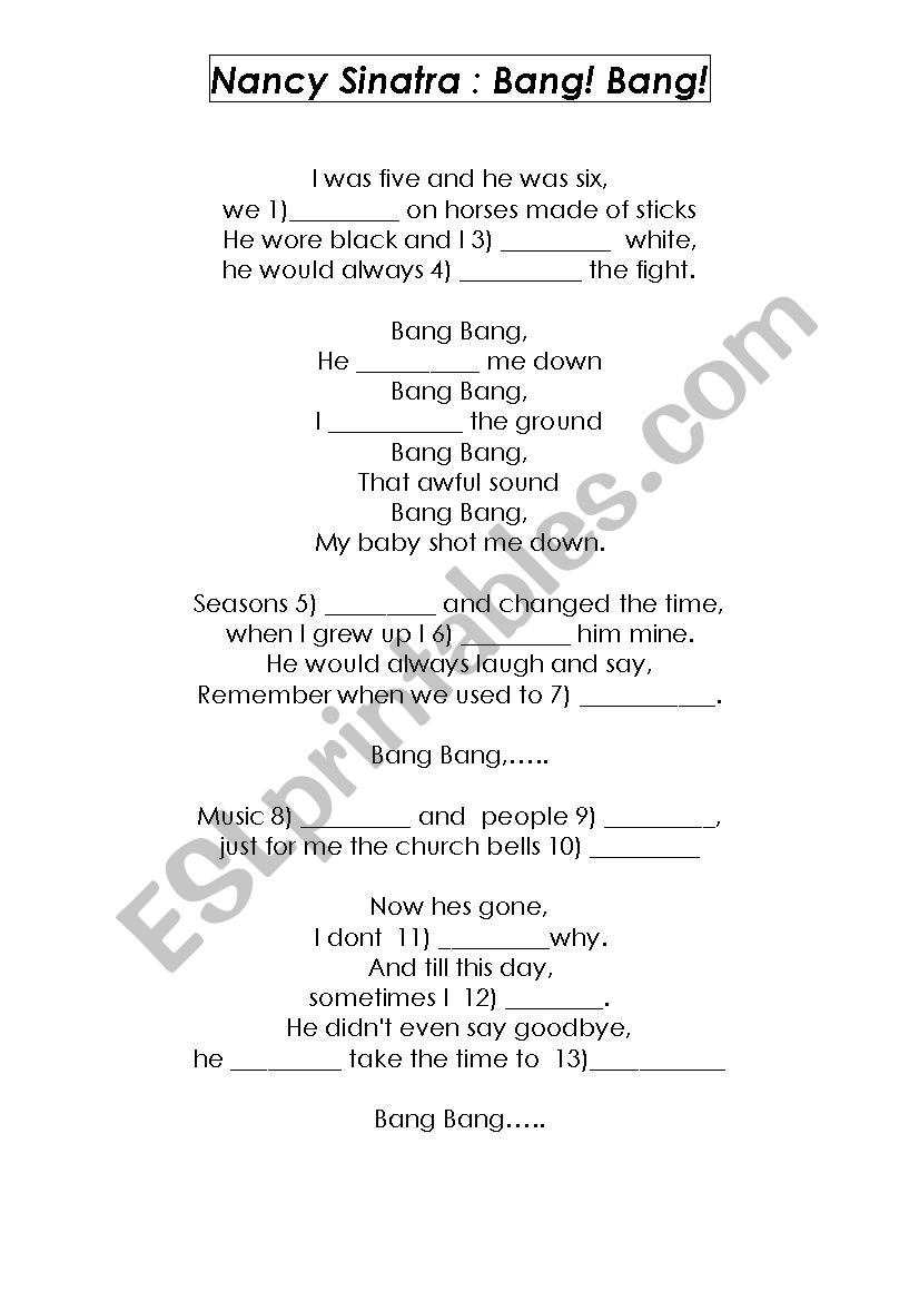 Bang bang - gap filling worksheet