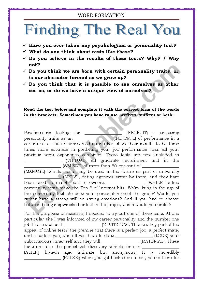 WORD FORMATION with a key - PERSONALITY TESTS 