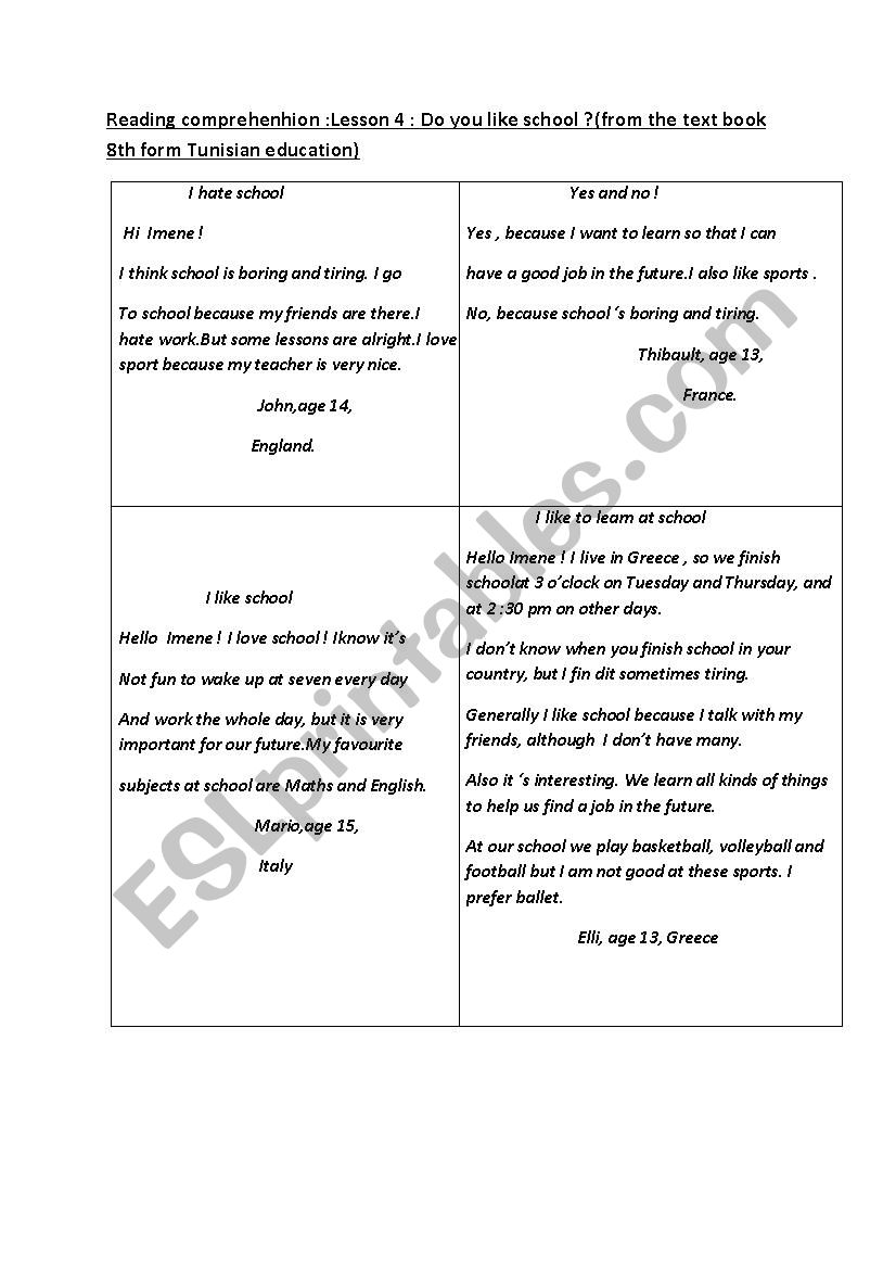 reading text for the previous worksheet : lesson 4 Do you like school?