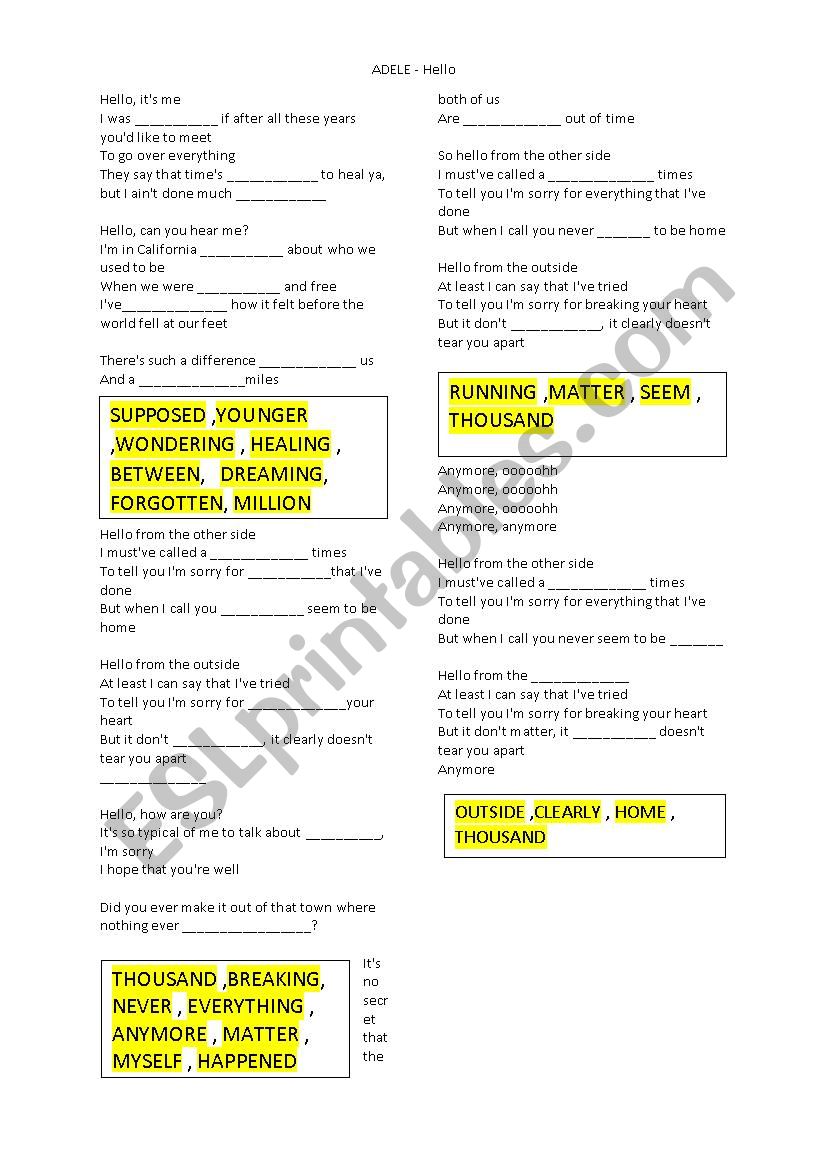 SONG WORKSHEET: Hello by Adele