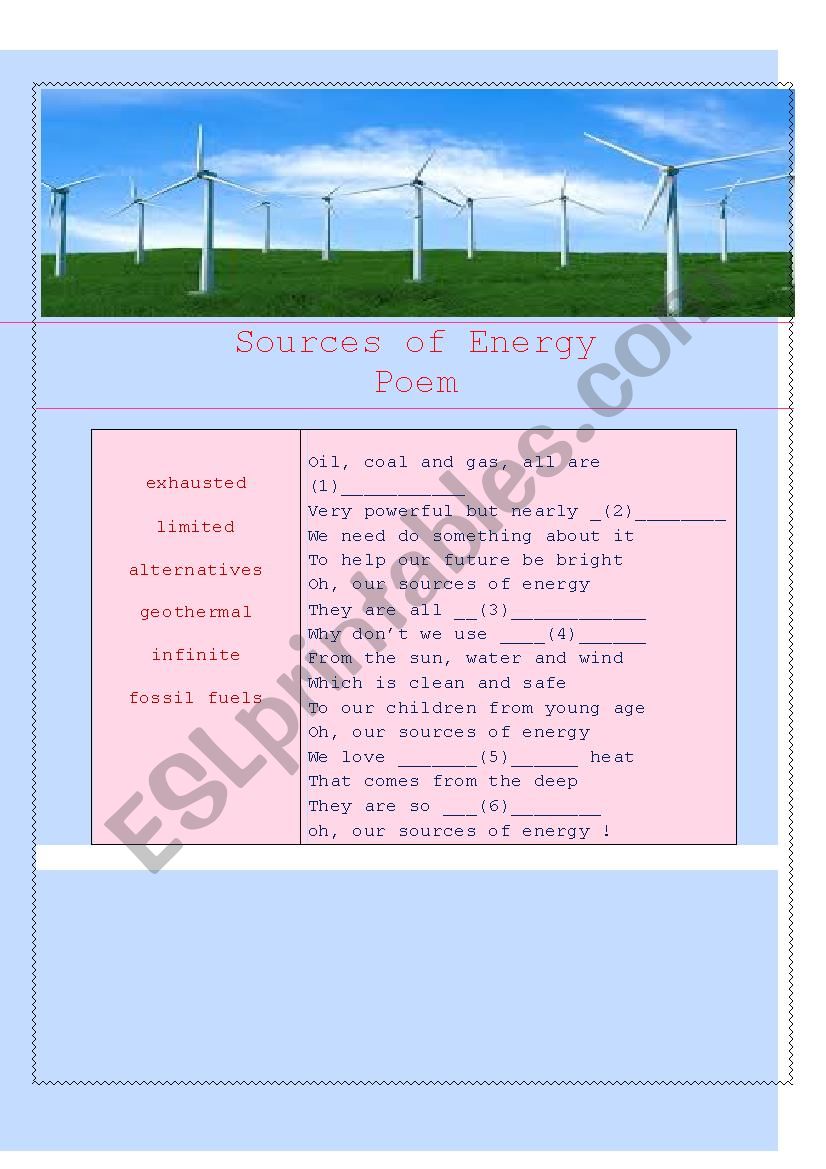 sources of energy poem worksheet