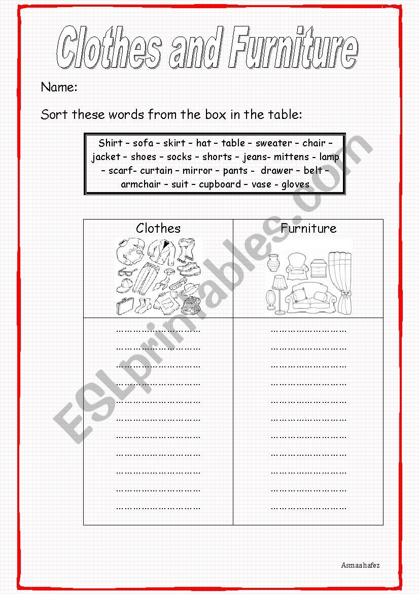 clothes and furniture WS worksheet