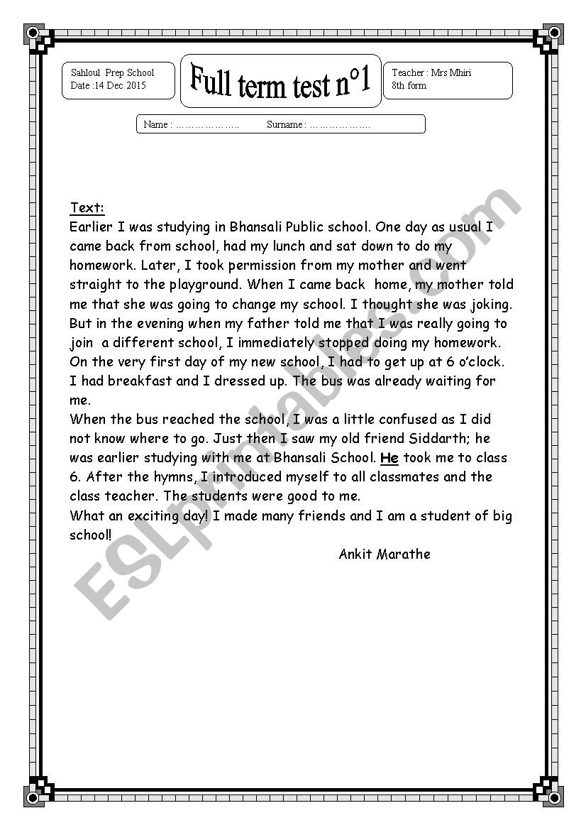 8th form full test n1 worksheet