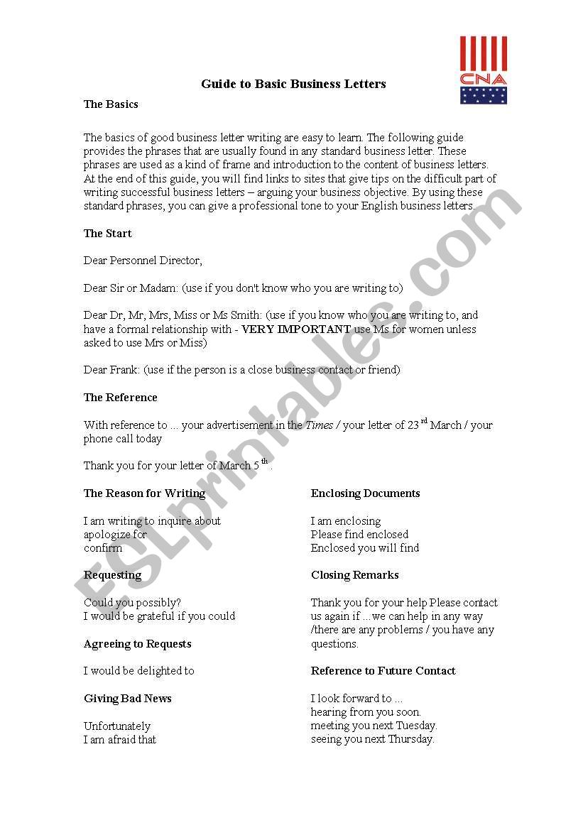 Guide to business letters worksheet