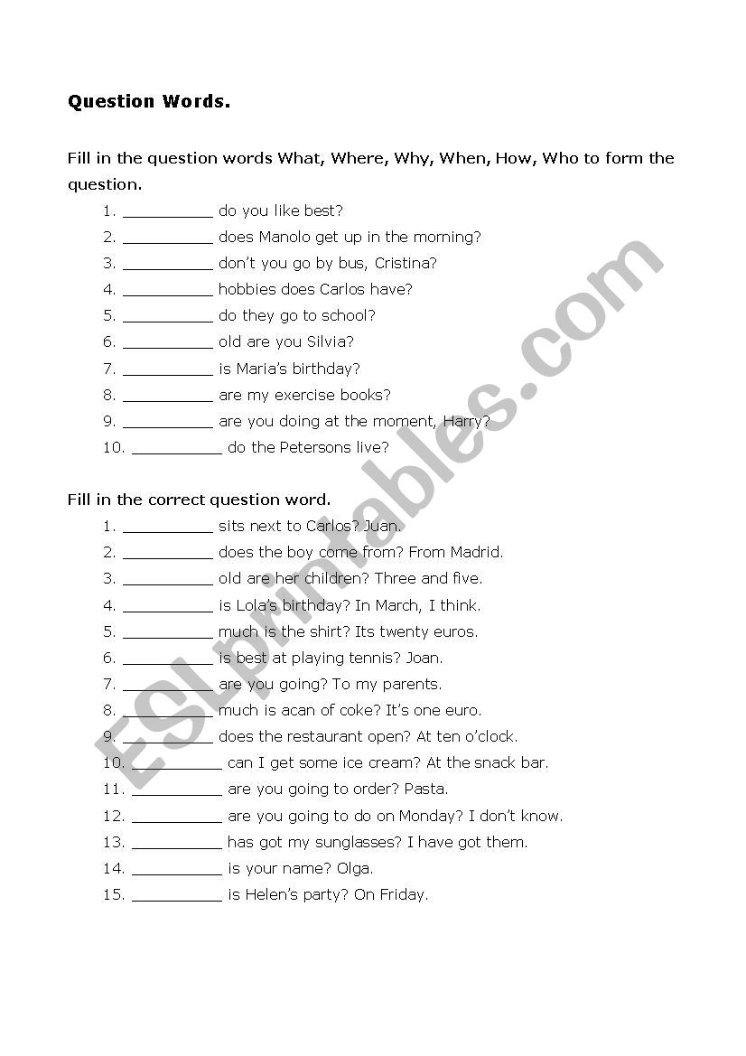 Question Word Gap Fill Exercises