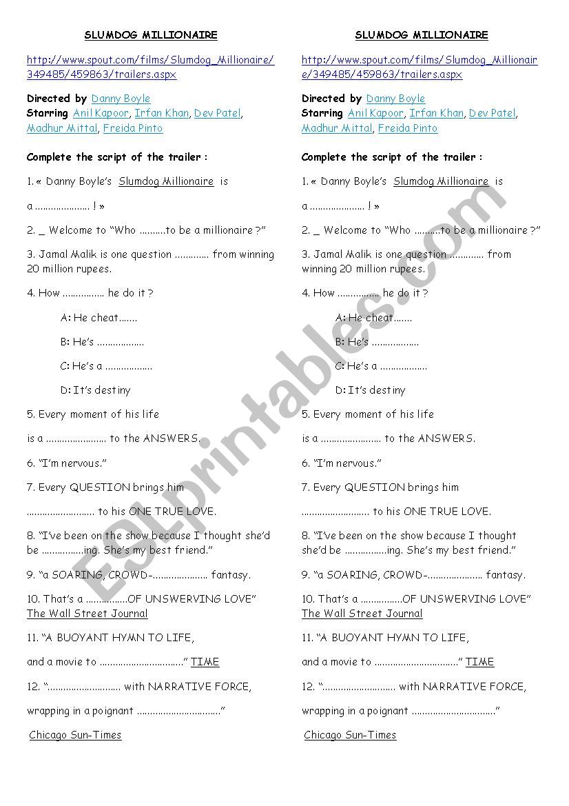 Slumdog Millionaire worksheet