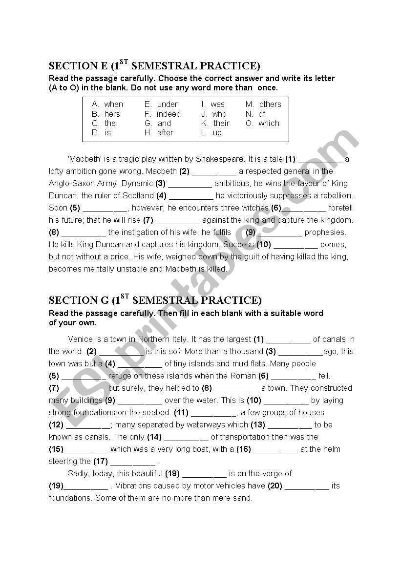vocabulary and preposition worksheet