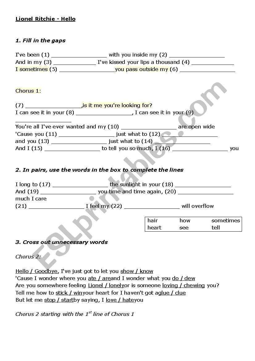 L. Richie - Hello Song worksheet