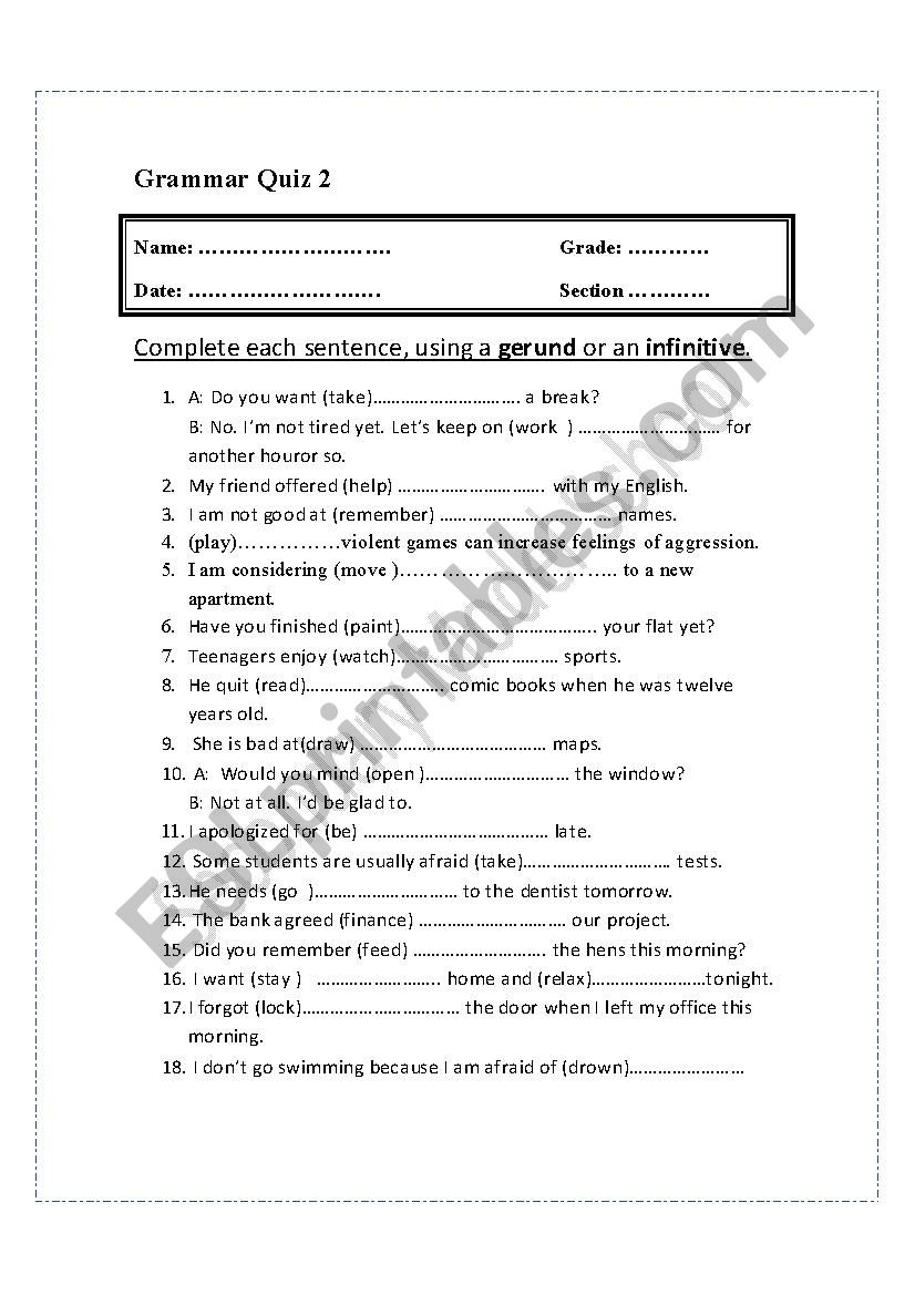 gerund exercise worksheet