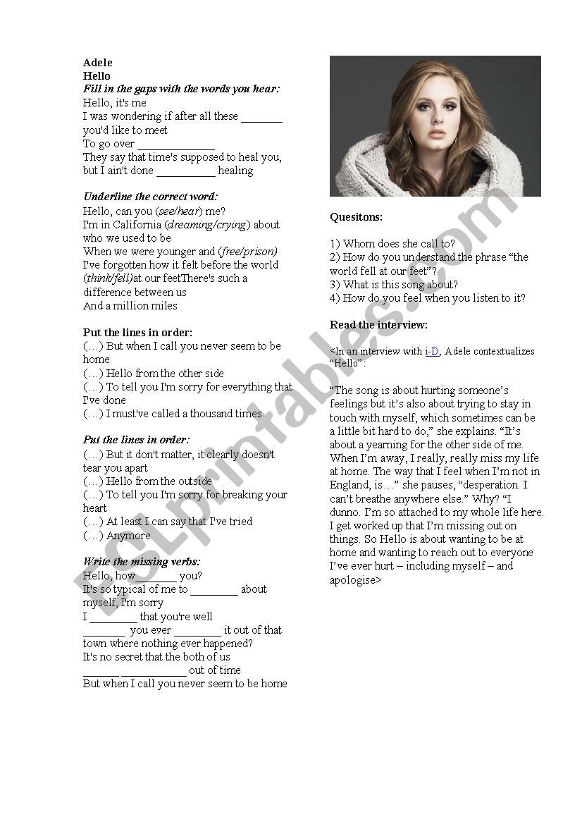 adele - hello worksheet