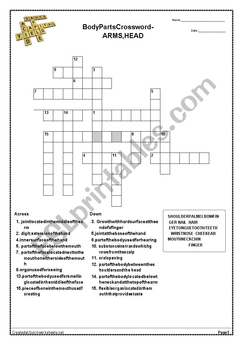 Body Parts Crossword worksheet