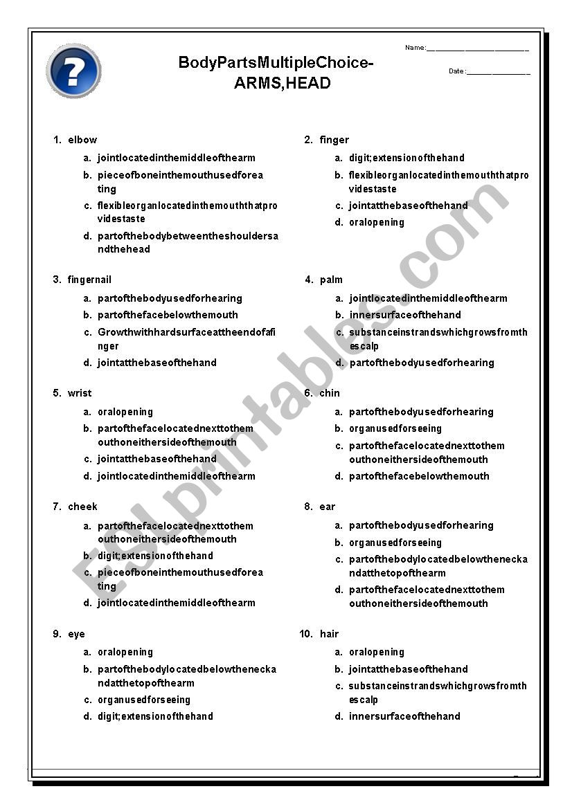 Body Parts - Multiple Choice Activity