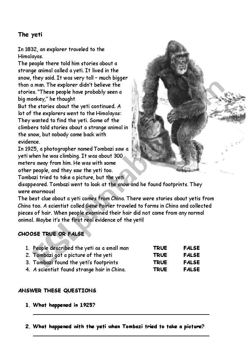 The yeti (reading) worksheet