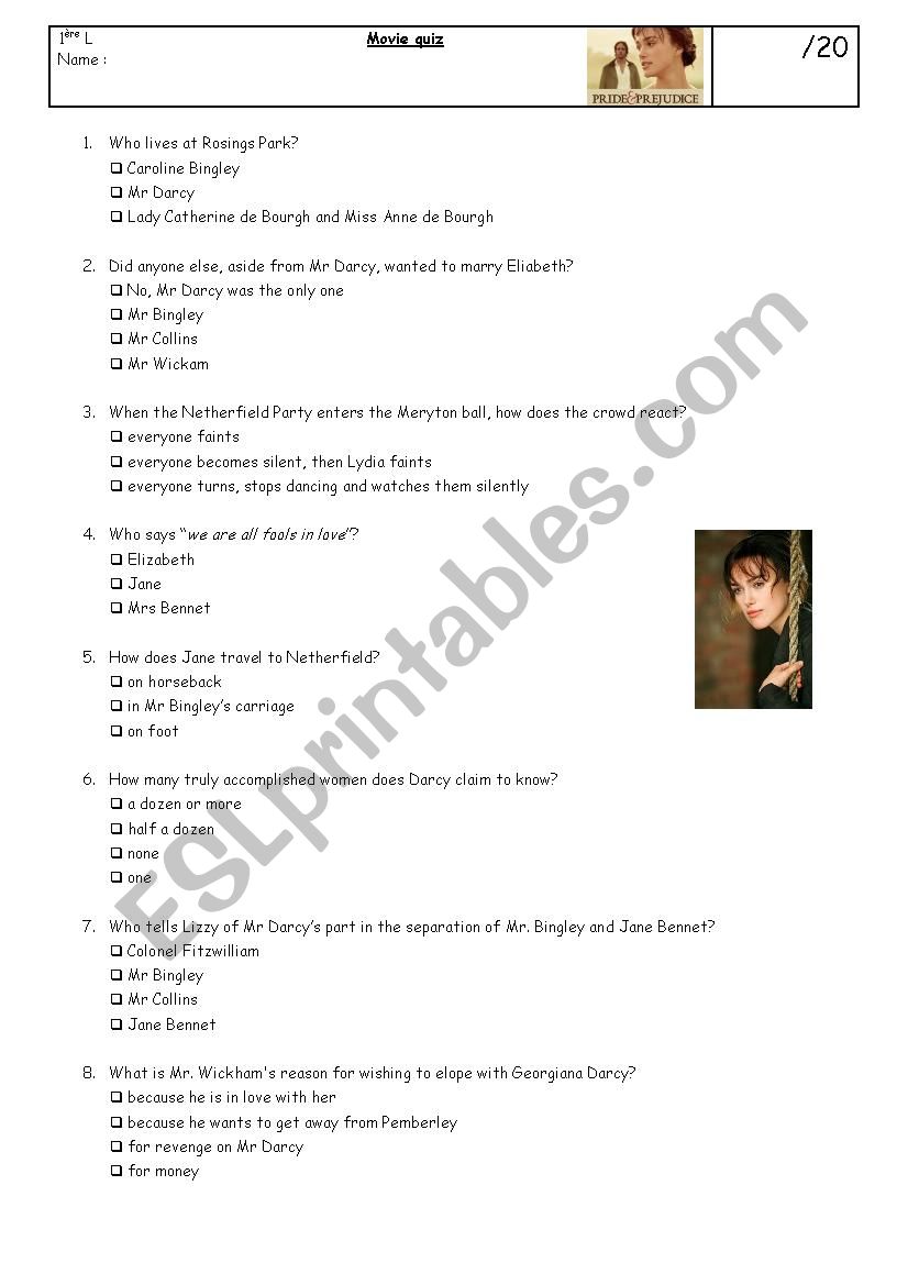 Pride and prejudice worksheet