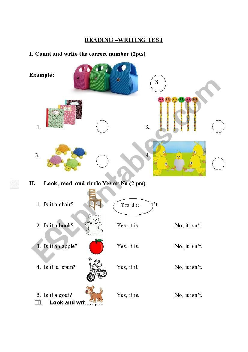 reading and writing tests for grade 1