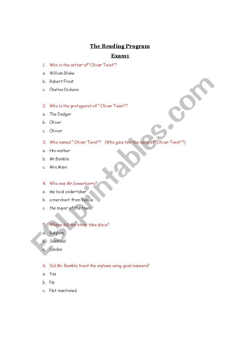 Oliver Twist  worksheet