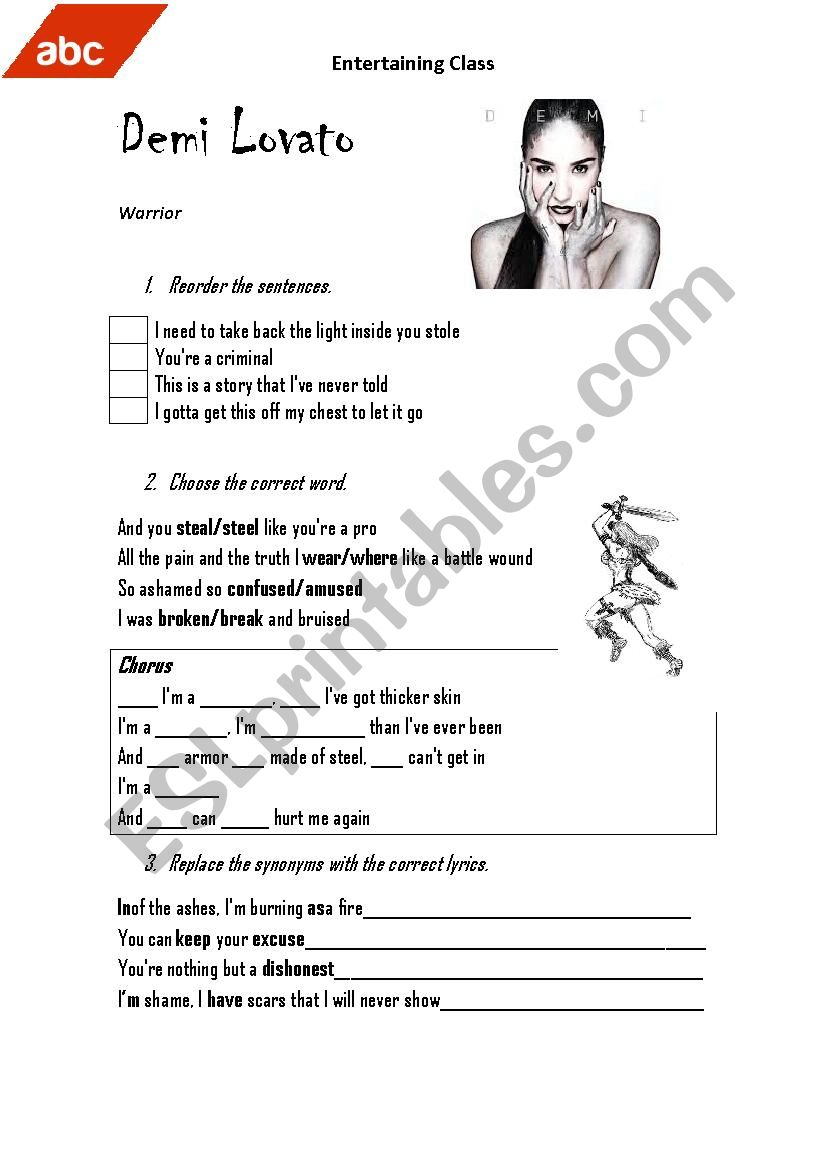 Warrior by Demi Lovato (song) worksheet