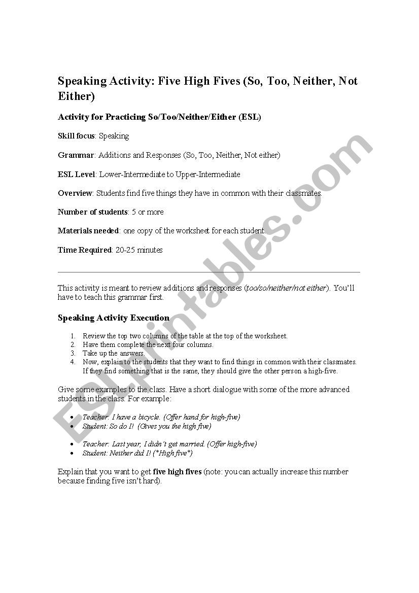 Speaking Activity - So, Neither (Agreement)