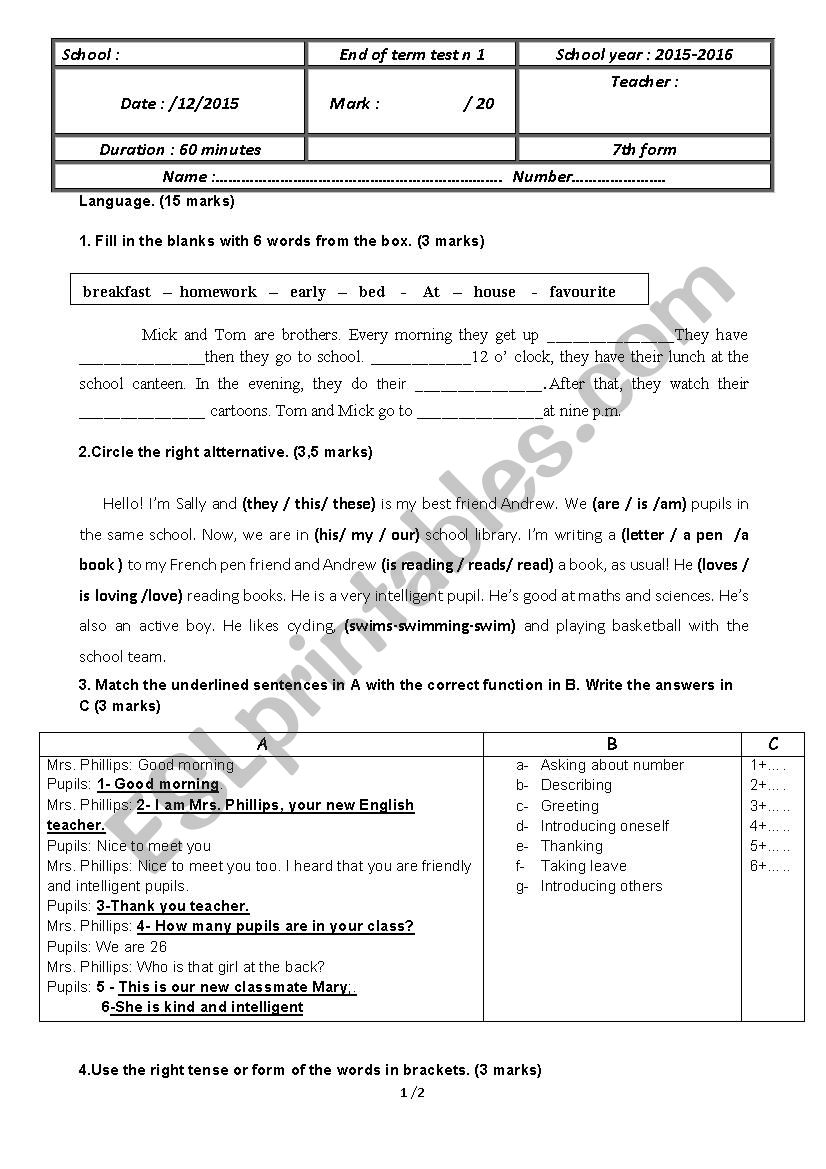 end of term test 7 worksheet