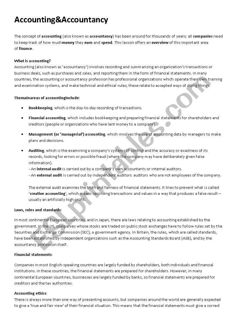 Accounting and Accountancy worksheet