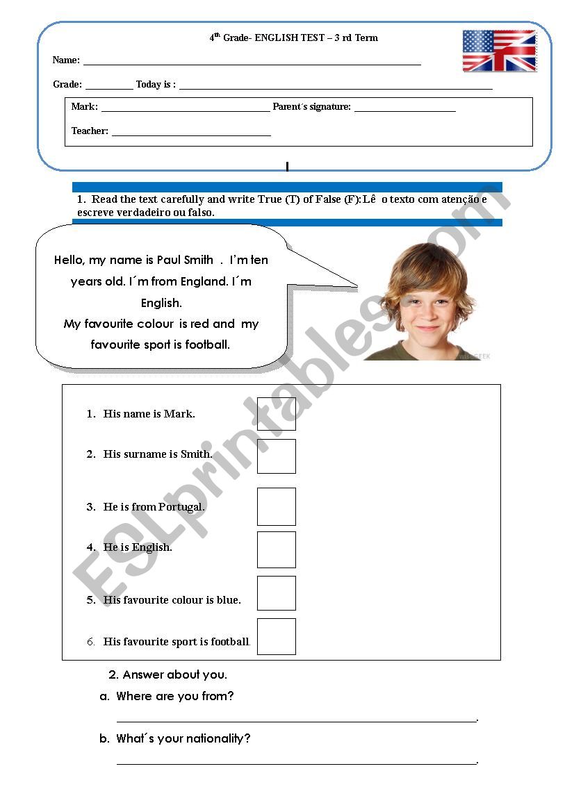 Evaluation Test- 4th Grade worksheet