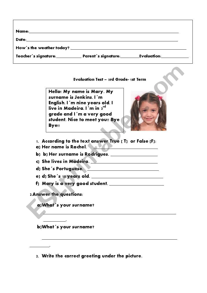 Evaluation Test- 3rd  Grade worksheet