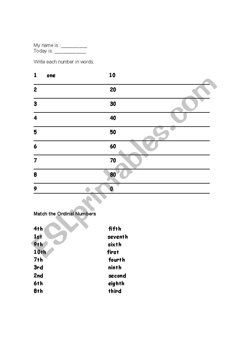 numbers worksheet