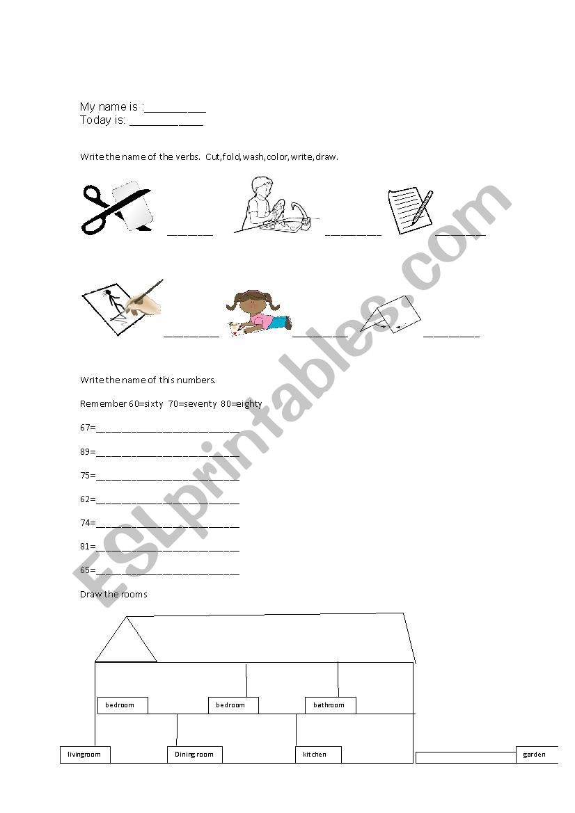 verbs,house and numbers worksheet