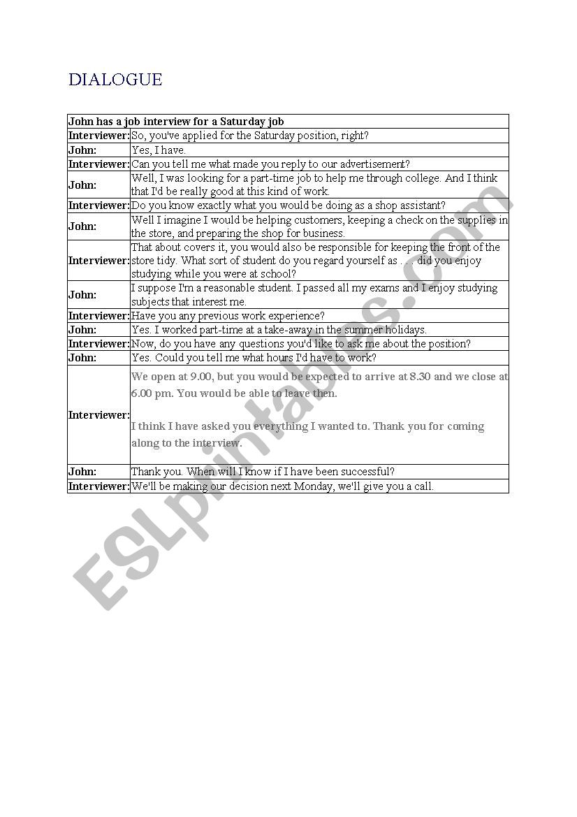 Job Interview worksheet