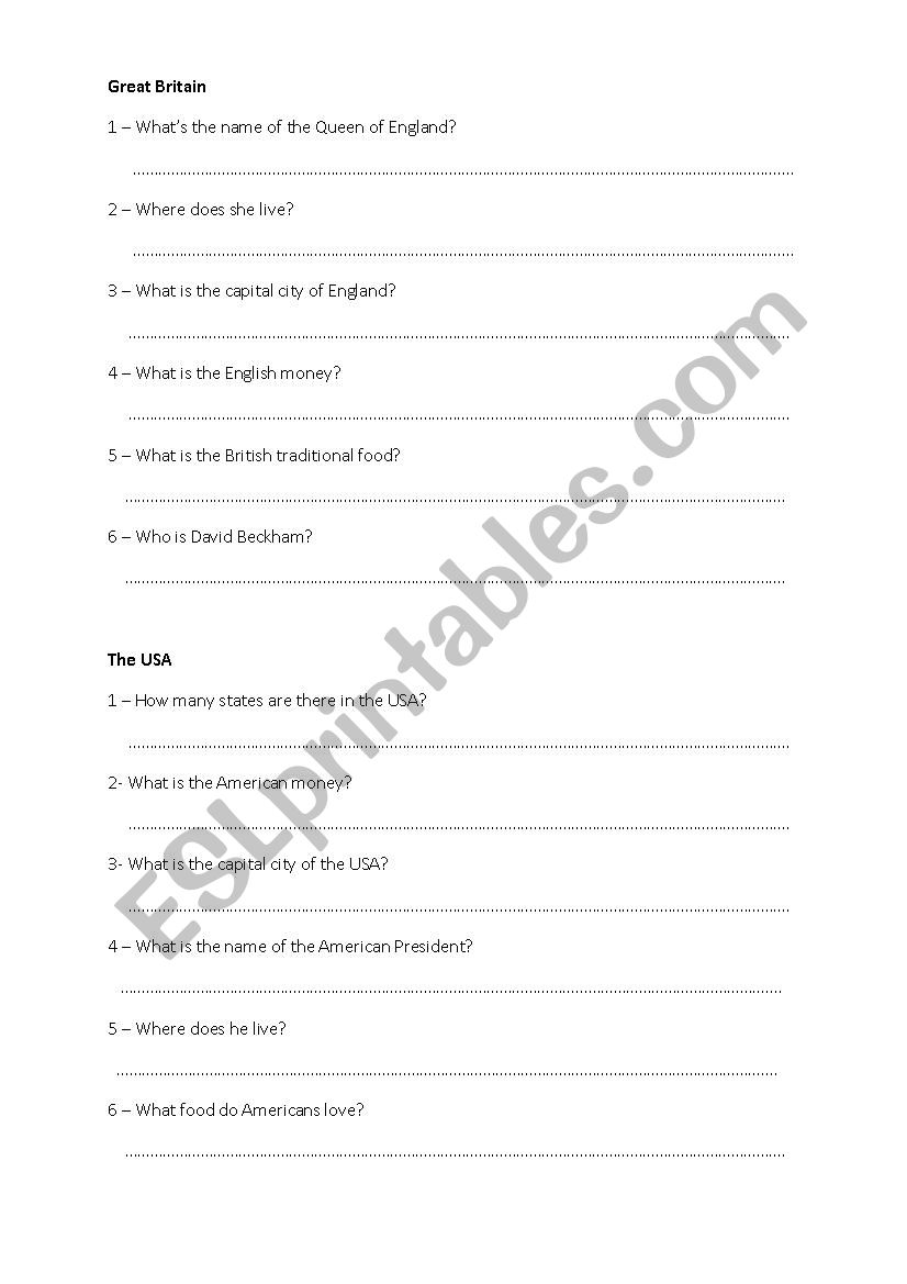 Great Britain and the USA worksheet