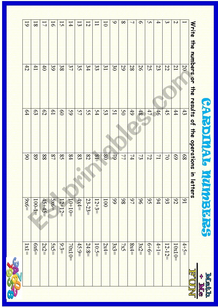 Cardinal numbers , practice worksheet