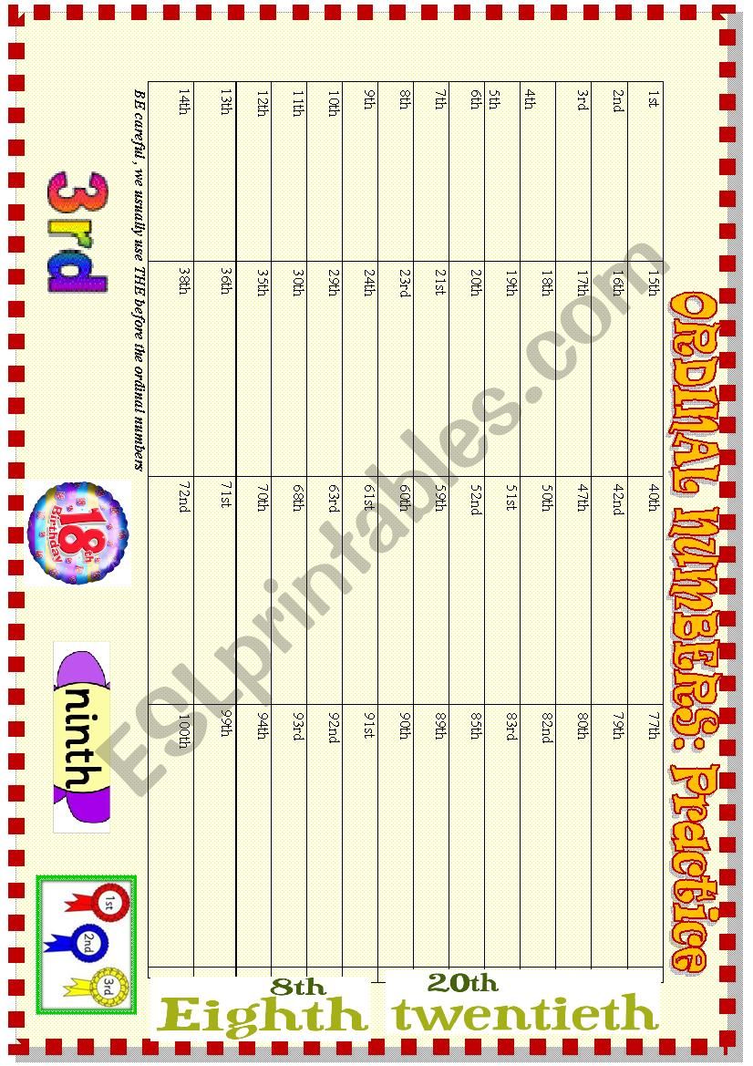 Ordinal numbers , writing practice