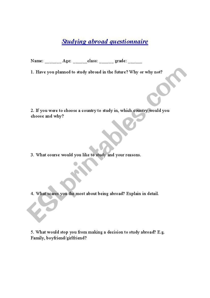 Studying abroad questionnaire worksheet
