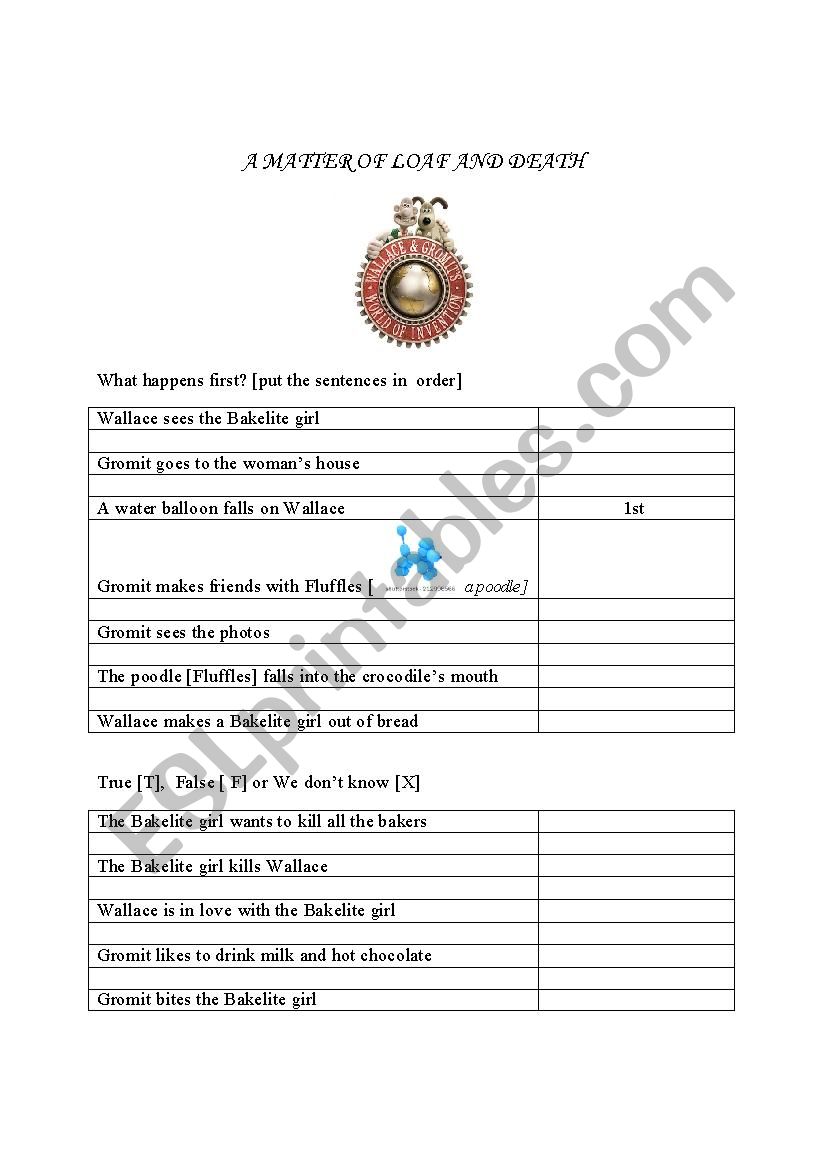 wallace and gromit worksheet