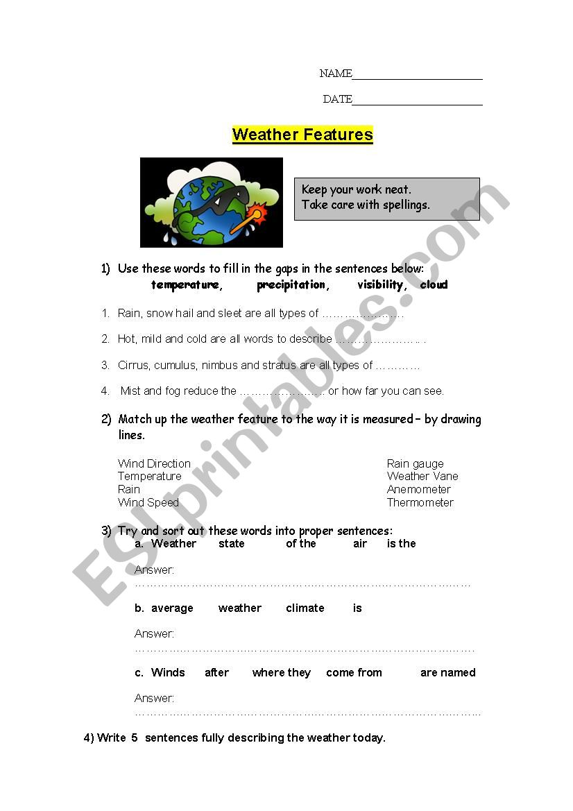 Weather features worksheet