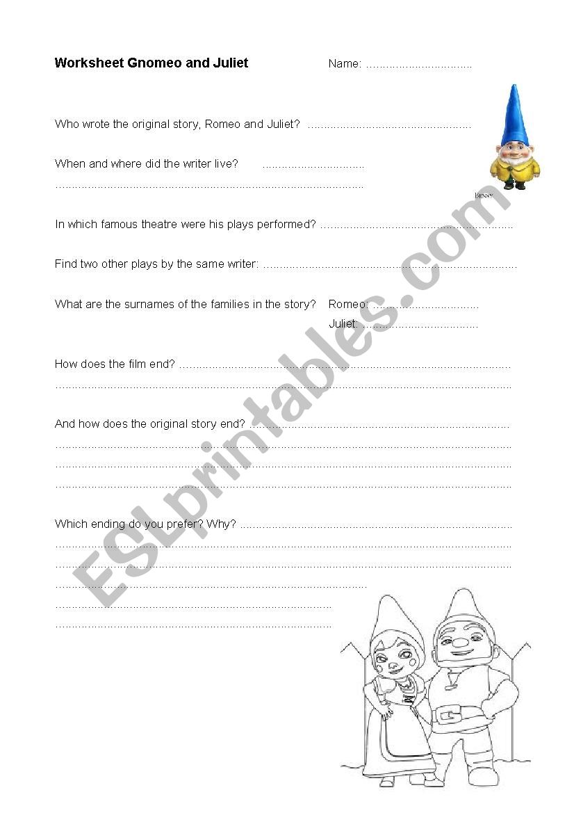 Gnomeo And Juliet Esl Worksheet By Bdebteh