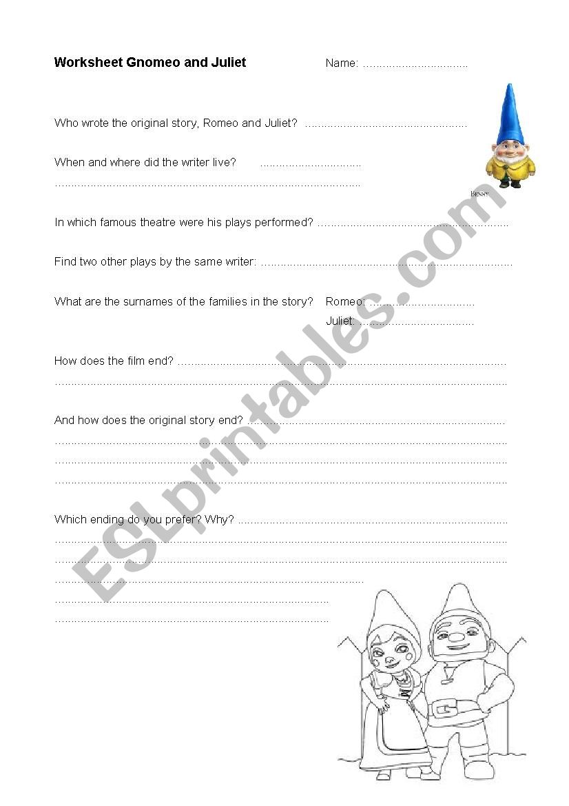 Gnomeo And Juliet Esl Worksheet By Bdebteh
